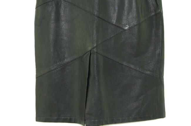 Close up of Black Leather Midi Pencil Skirt