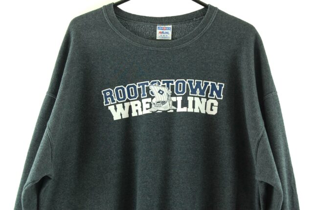 Close up of Rootstown Wrestling Grey Crew Neck Sweatshirt