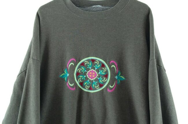 Close up of Grey Floral Embroidery Crew Neck Sweatshirt