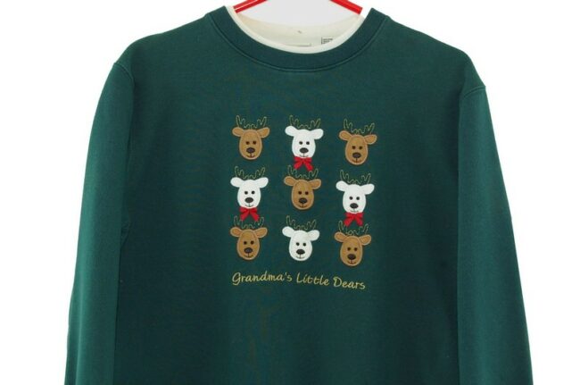 Close up of Reindeers Green Crew Neck Sweatshirt