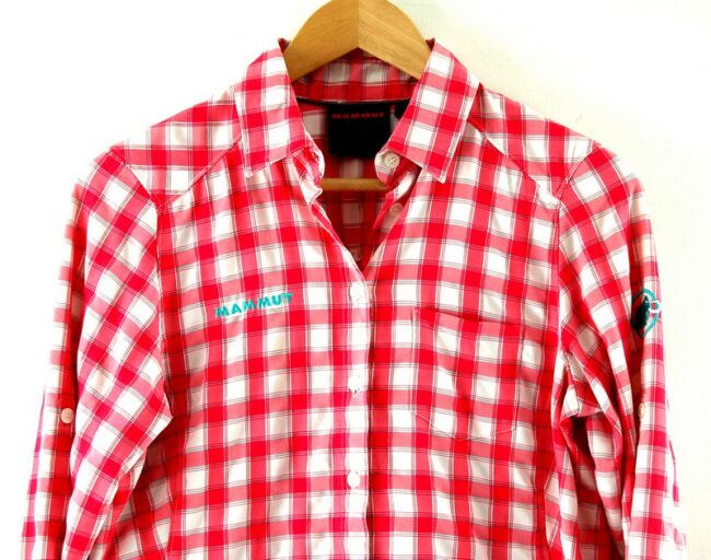 Front Close Up Pink And White Womens Checked Mammut Shirt.