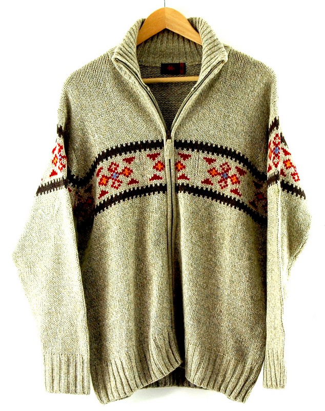Ethnic Pattern Zip Up Kappa Sweater wuth unzipped neck