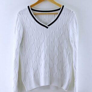 V Neck White Cable Knit Womens Sweater