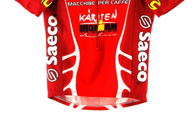 Front Bottom Close Up Saeco Red Cycling T Shirt