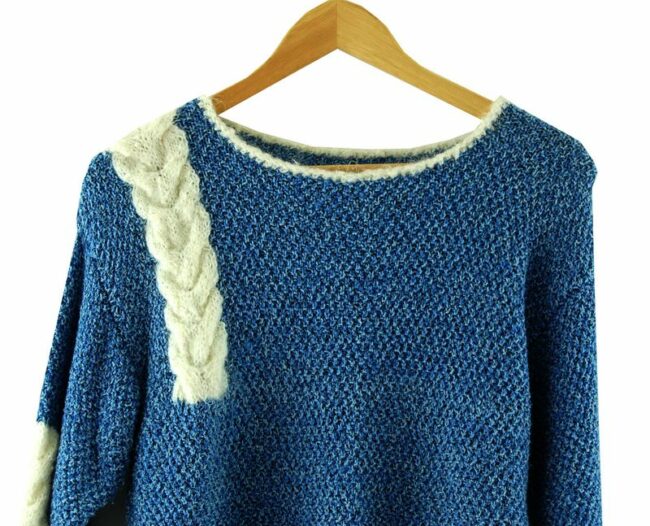 Front Close Up 80s Blue Cable Knit Vintage Sweater