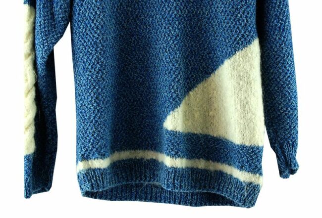 Front Bottom Close Up 80s Blue Cable Knit Vintage Sweater