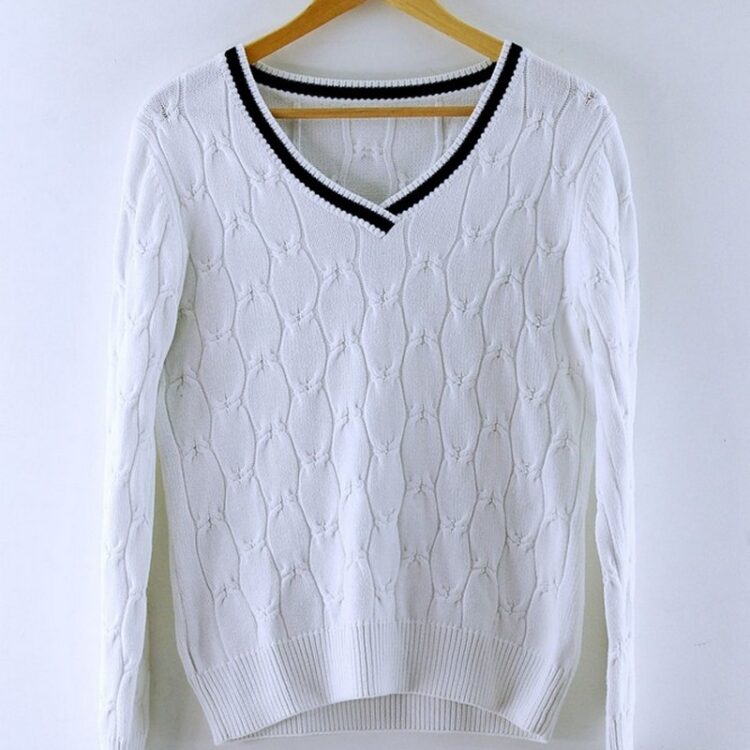 V Neck White Cable Knit Womens Sweater