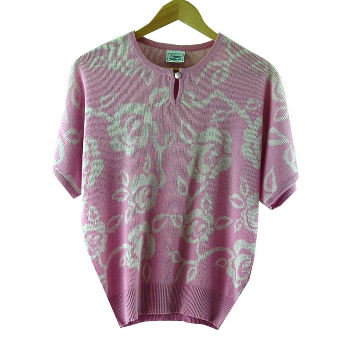 80s Pink Floral Knitted Sweater - UK 10 -Blue 17 Vintage Clothing