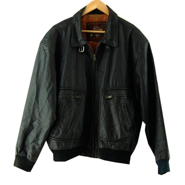 Black Genuine Leather Bomber Jacket - UK XL - Blue 17 Vintage Clothing