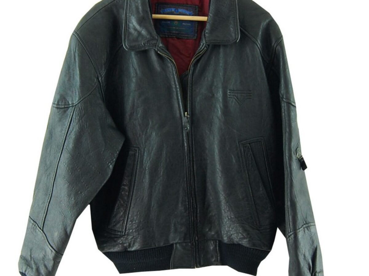 Black Genuine Leather Bomber Jacket Mens-UK L-Blue 17 Vintage Clothing