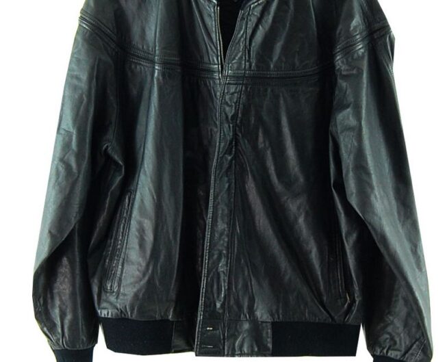 Front Close Up Black Leather Bomber Jacket Mens