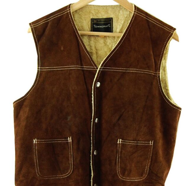 Front Close Up Brown Leather Waistcoat Mens