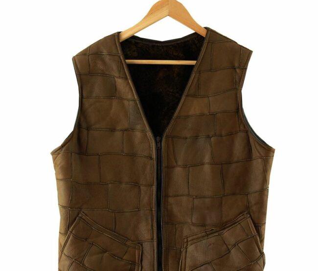 Front Close Up Brown Patchwork Leather Waistcoat Mens