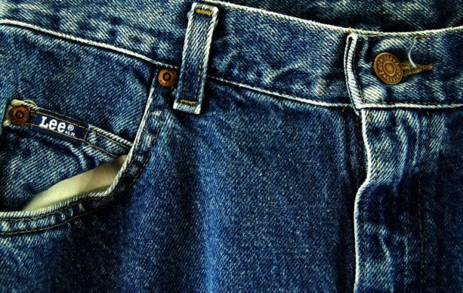 Front Close Up Lee High Waisted Blue Mom Jeans