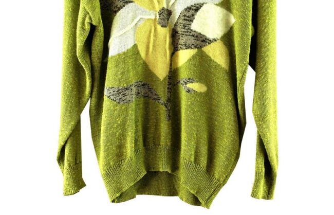 Front Bottom Close Up 80s Green Knitted Vintage Sweater