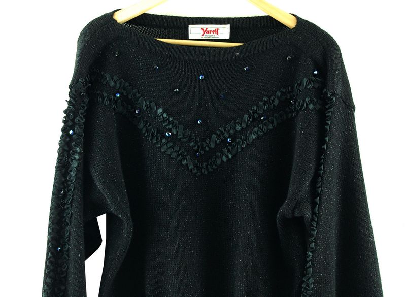 Front Top Close Up 80s Black Knitted Sweater