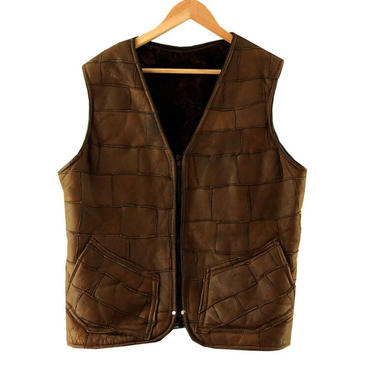Brown Patchwork Leather Waistcoat Mens
