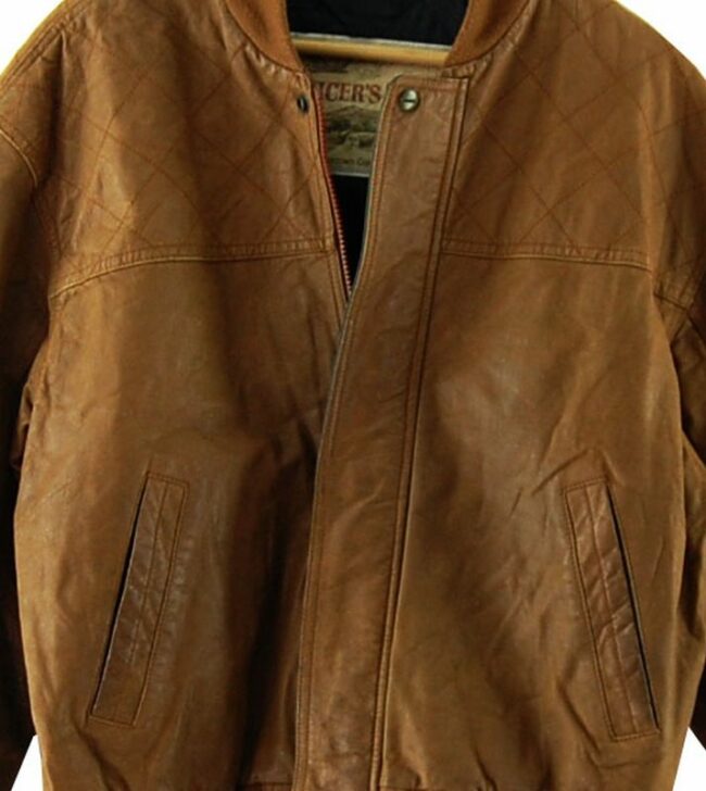 Front Close Up Brown Leather Bomber Jacket Mens