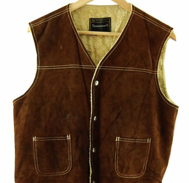 Front Close Up Brown Leather Waistcoat Mens