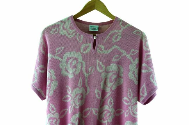 Front Top Close Up 80s Pink Floral Knitted Sweater