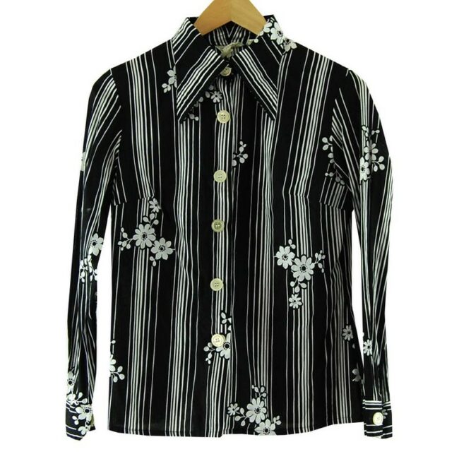 70s Black And White Striped Floral Top