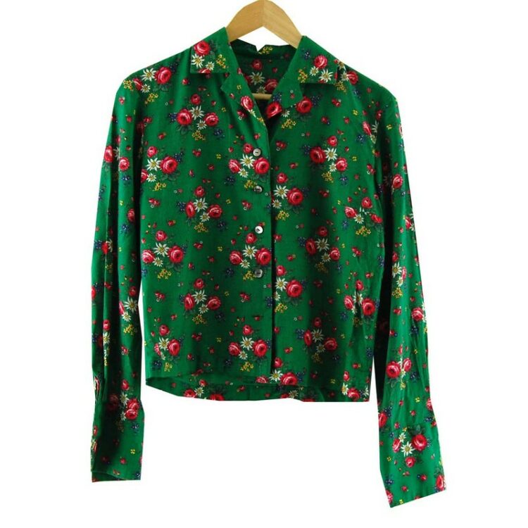 70s Womens Green Floral Top