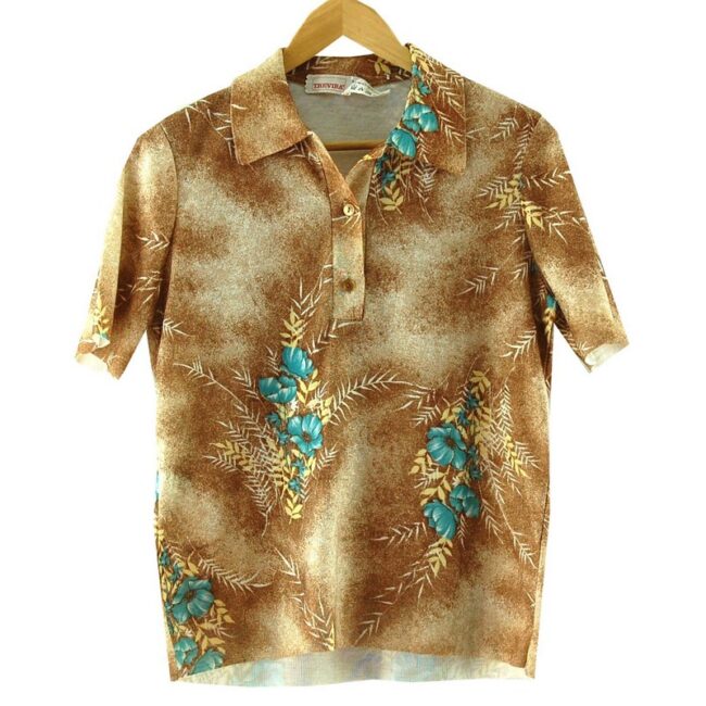 Brown Short Sleeve 70s Floral Top