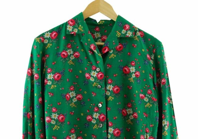 Top Close Up 70s Womens Green Floral Top