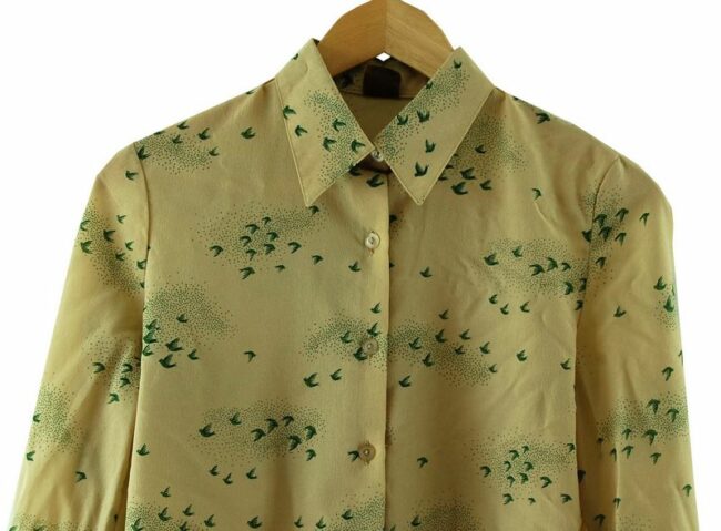 Front Close Up 70s Womens Bird Patterned Top