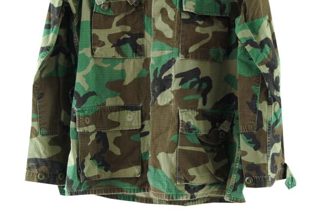 Front Bottom Close Up Mens Woodland Military Camouflage Jacket