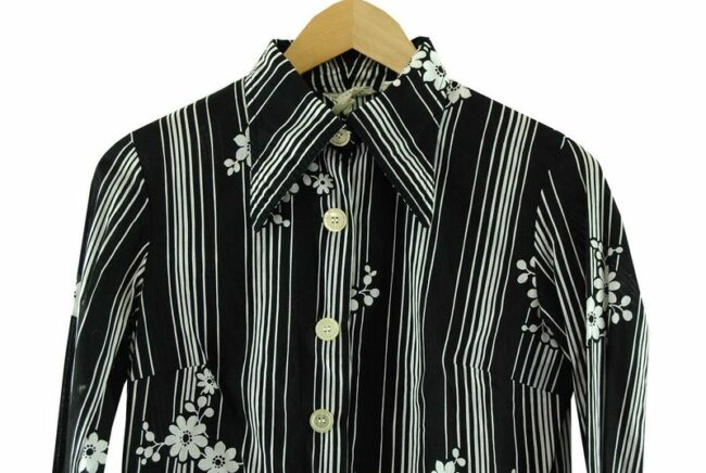 Front Close Up 70s Black And White Striped Floral Top