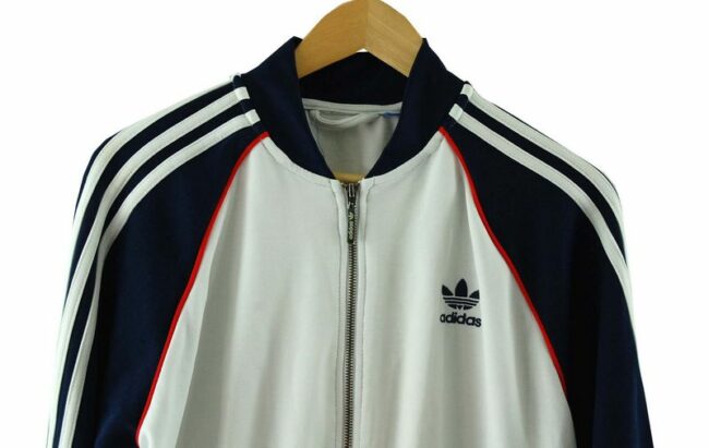Front Close Up White And Navy Adidas Tracksuit Jacket