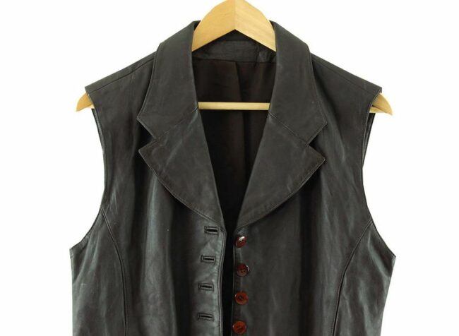 Front Top Close Up Dark Brown Leather Waistcoat Womens