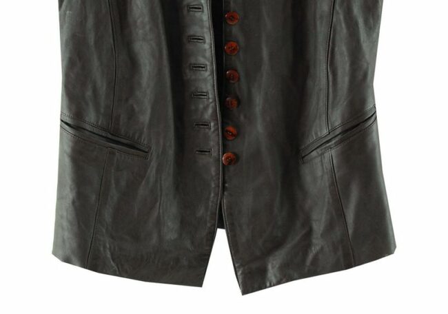 Front Bottom Close Up Dark Brown Leather Waistcoat Womens