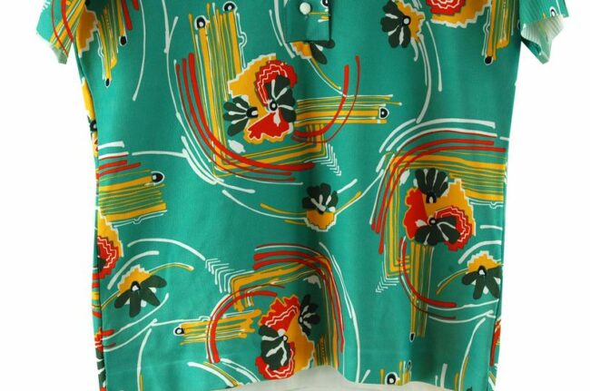 Bottom Close Up Green Short Sleeve 70s Abstract Floral Top