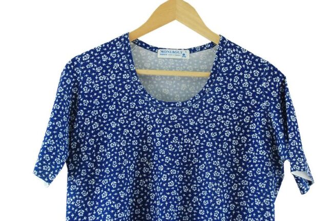 Top Close Up Montagut Blue Short Sleeve 70s Floral Top