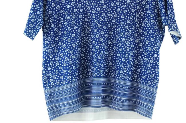 Bottom Close Up Montagut Blue Short Sleeve 70s Floral Top