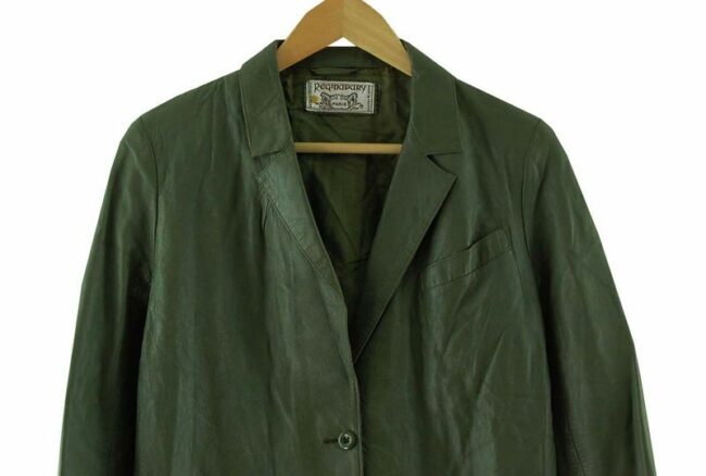 Front Close Up 60s Olive Green Leather Jacket Womens