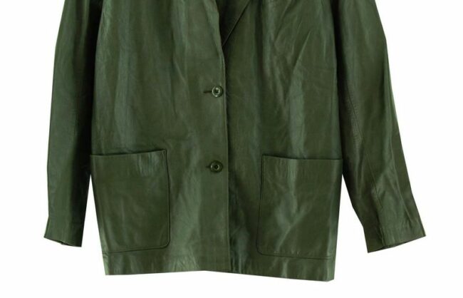 Front Bottom Close Up 60s Olive Green Leather Jacket Womens