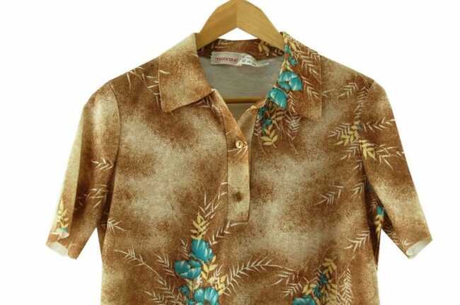 Front Top Close Up Brown Short Sleeve 70s Floral Top