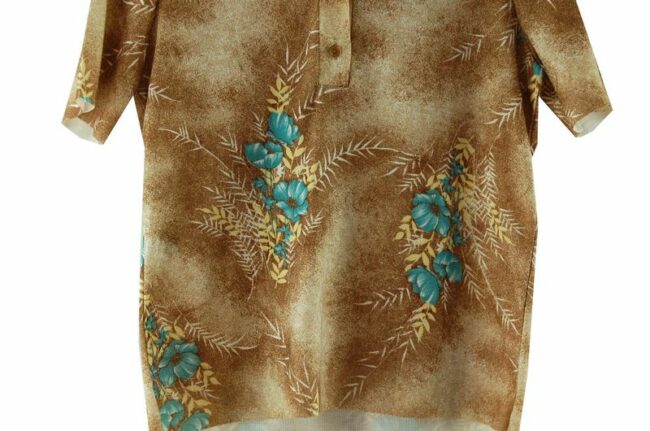 Front Bottom Close Up Brown Short Sleeve 70s Floral Top
