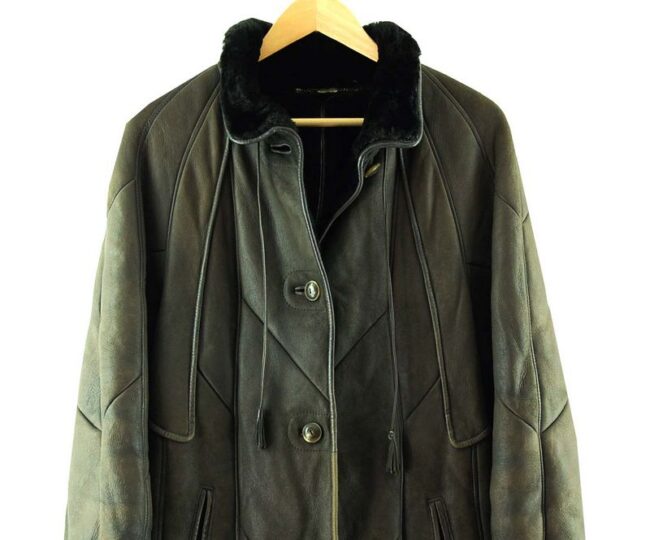 Front Close Up 90s Brown Leather Coat Womens