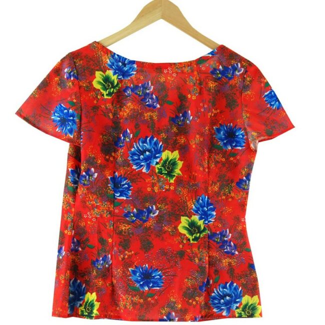Back of Red Short Sleeve 70s Floral Top