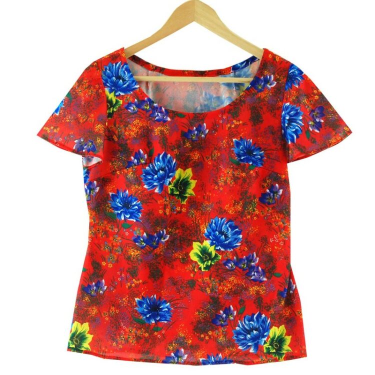 Red Short Sleeve 70s Floral Top