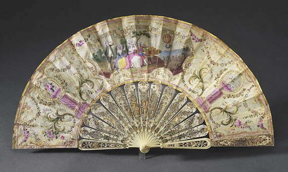 Fashion exhibition Buckingham Palace. French, Fan depicting ‘The Ascent of M. Charles’s and M. Robert’s Balloon, 1783’, 1783. Fashion exhibition Buckingham Palace. French, Fan depicting ‘The Ascent of M. Charles’s and M. Robert’s Balloon, 1783’, 1783.