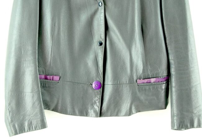 Bottom of front of 80s Vintage Ladies Grey Leather Jacket