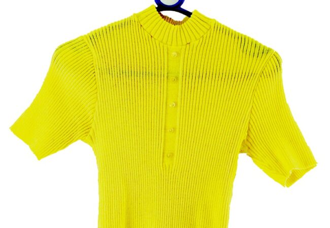 Close up front of Reverse side of Yellow Ribbed 70s Top Womens