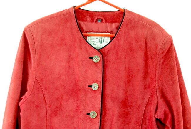 Close up front of Tyrolean Red 80s Cropped Suede Jacket