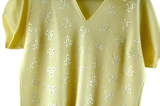 Close up of front Floral Motif 70s Top Womens