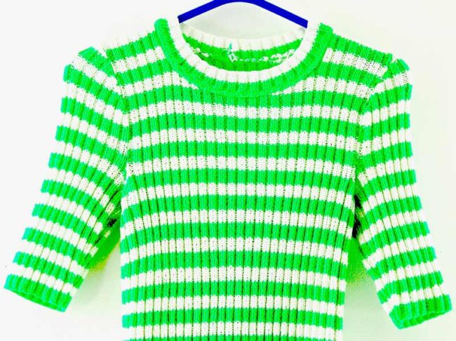 Front close up of Green And White Striped 70s Top Womens